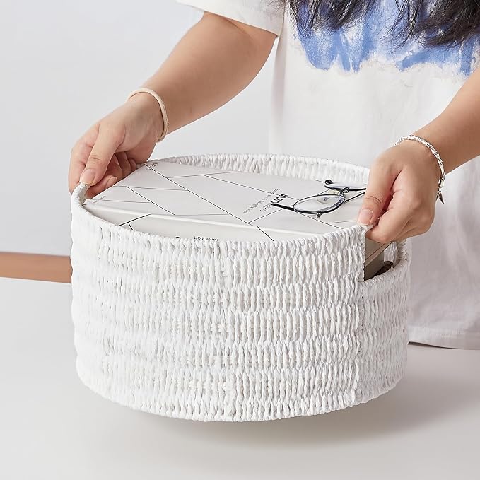 Wicker Storage Basket, Hand-Woven Paper Rope Large Round Woven Basket With Handles, Wicker Baskets for Organizing/Storage, White, 3-Pack - Image 3