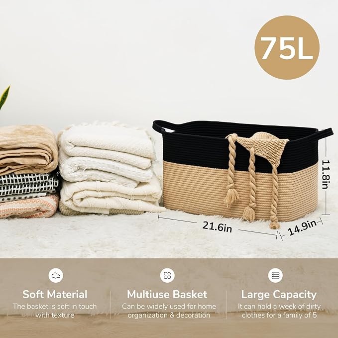 Goodpick Large Woven Blanket Basket, Rectangle, Black & Camel | 21.6'' x 14.9'' x 11.8'' Wicker Storage Basket for Toys & Blankets, Bedroom & Nursery Organization, Reinforced Handles - Image 3