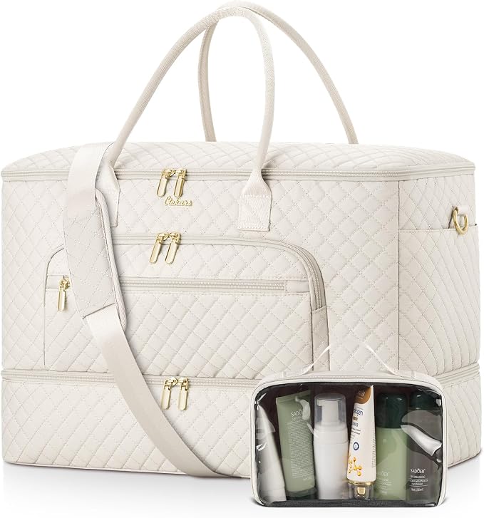 Travel Duffle Bag, Wide Open Large Weekender Bag for Women with Shoe Compartment, Carry on Overnight Bags with Toiletry Bag, Hospital Bag for Women Labor Delivery with Wet Pocket (Cream) by Unknown