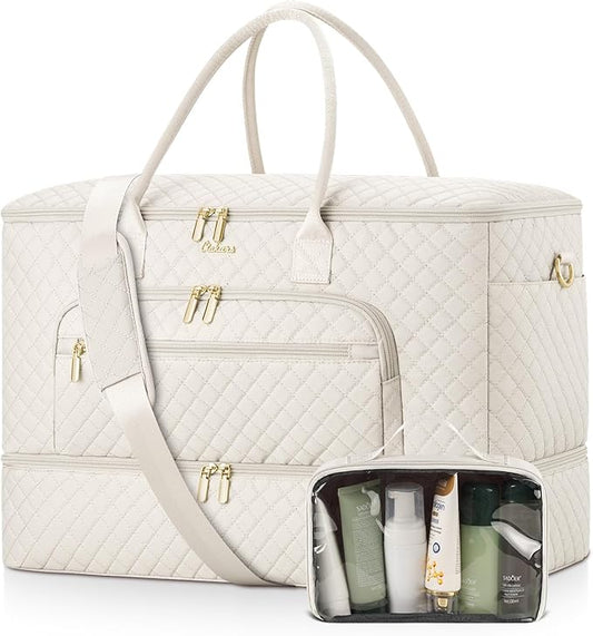 Travel Duffle Bag, Wide Open Large Weekender Bag for Women with Shoe Compartment, Carry on Overnight Bags with Toiletry Bag, Hospital Bag for Women Labor Delivery with Wet Pocket (Cream) by Unknown