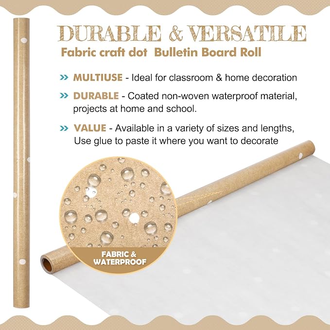 Kolldenn 2 Rolls Kraft Dot Bulletin Board Paper Roll 4 x 12 ft Polka Dots Fabric Extra Large Non Woven Brown White Waterproof Roll Fade Resistant for DIY Craft Drawing Painting Classroom Decor - Image 3