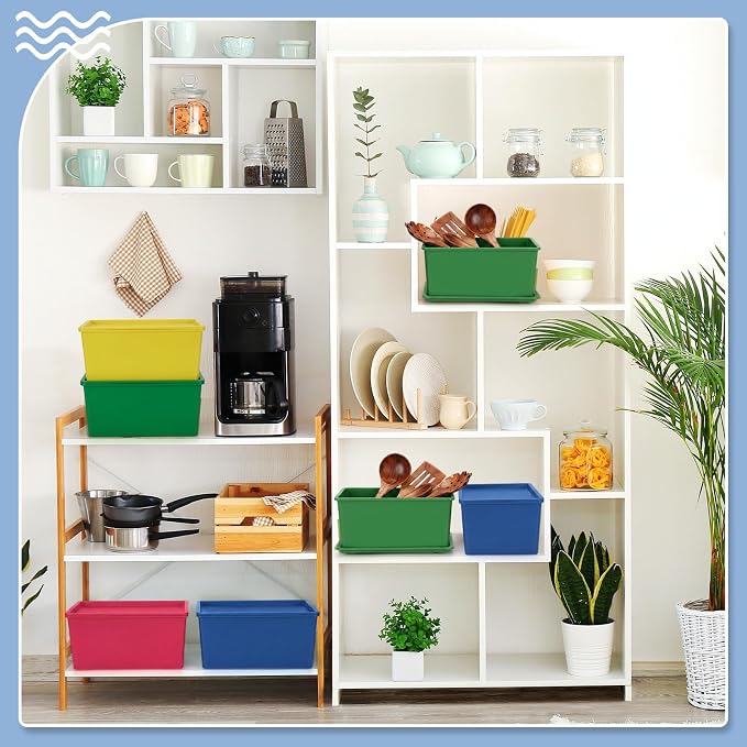 6 Pcs Small Plastic Storage Bins with Lids,Colorful | Beige 6-Piece Storage Set, Stackable Lidded Design, Compact Size for Shelves, Plastic Bins for Everyday Organization - Image 4
