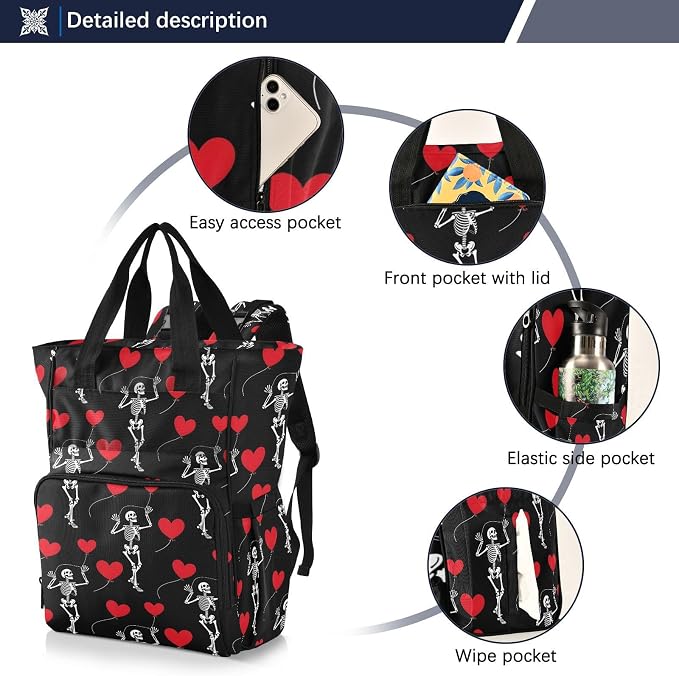 MNSRUU Diaper Bag Romantic Skull Gothic Diaper Bag Backpack Multifunction Travel Diaper Bag Tote Large Capacity Diaper Changing Backpacks for Moms Dads - Image 2