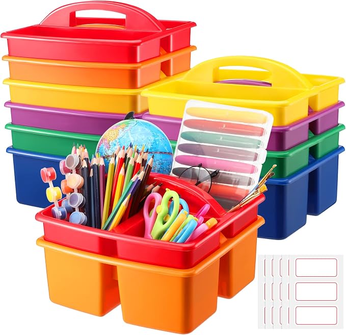 12 Pcs Classroom Storage Caddies Stackable Utility Caddies with 3 Compartment Portable Plastic Caddy with Handle Classroom Storage Bins Organizers for Kids Schools Art Craft Supplies by Tanlade
