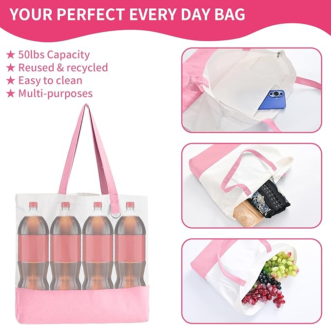 6-Pack Canvas Tote Bag with Zipper, Large Reusable Grocery Tote, Pink | Blank bags, washable, inner pocket, flat bottom, sturdy handle, for sublimation DIY/transfer, travel/beach/Christmas crafts - Image 3