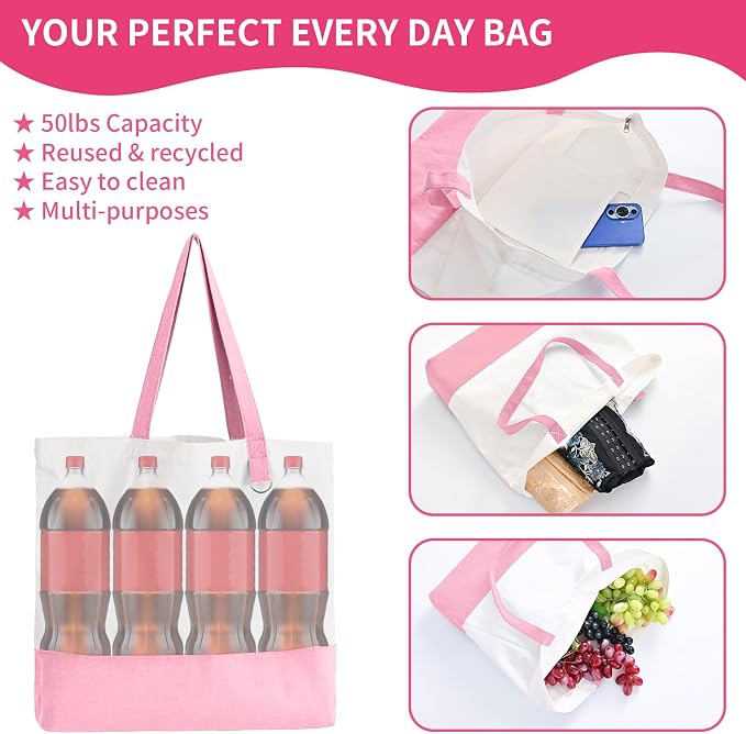 6-Pack Canvas Tote Bag with Zipper, Large Reusable Grocery Tote, Pink | Blank bags, washable, inner pocket, flat bottom, sturdy handle, for sublimation DIY/transfer, travel/beach/Christmas crafts - Image 3