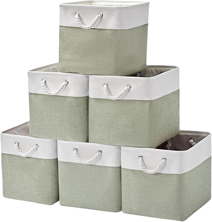 13 Inch 6 Pack Foldable Fabric Storage Cubes with Handles | Home Cube Storage Basket,Large Cube Storage Bins,Closet Storage, Home Organizer(White&Green) by ISEMINGLA