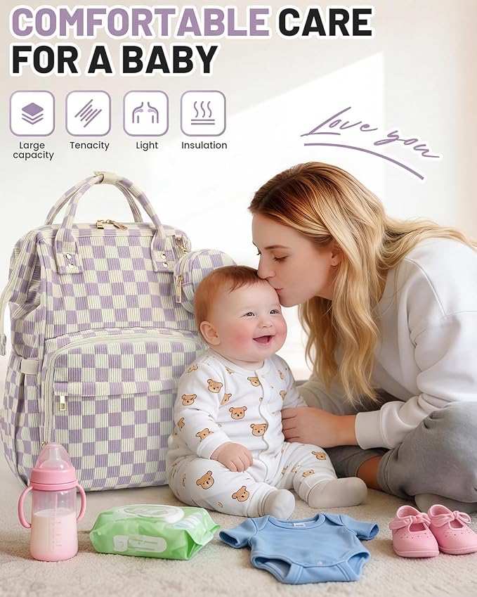 Corduroy Diaper Bag Backpack, Large Capacity Multifunction Baby Diaper Bags for Women, Insulated Bottle Pockets & Pacifier Case, Stylish Travel Nappy Changing Bags for Mom Dad (Checkered Purple) - Image 2