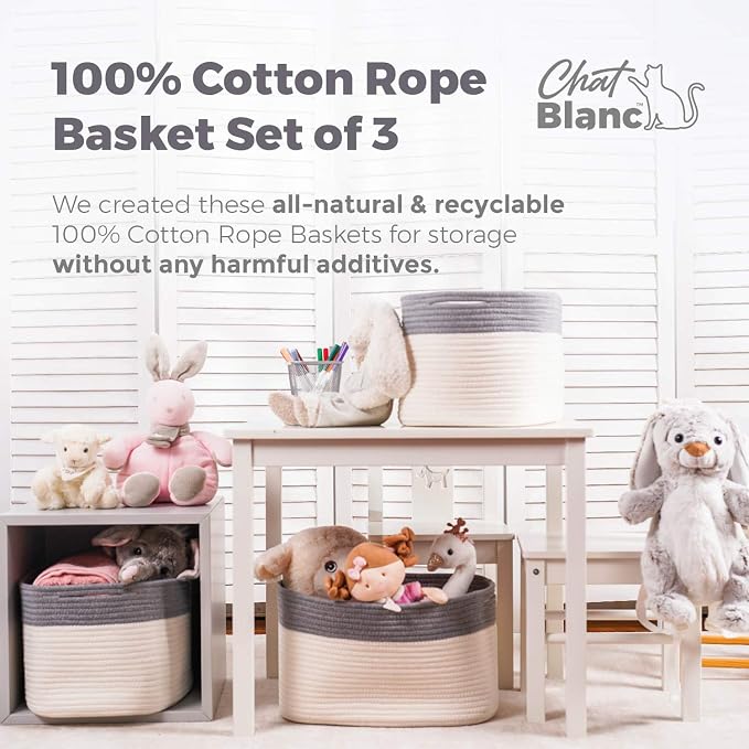 CHAT BLANC Cotton Rope Baskets for Organizing, Shelves, Toys, Storage, Shoe, Bathroom, Laundry, Towel, Nursery, Home Decor, Blanket, Cloth Woven Bins Fabric (Dark Gray & Creamy White7, 15"x10"x9") - Image 4