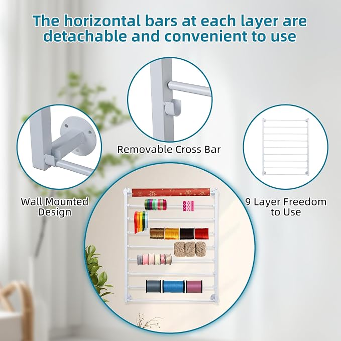 Xbsyhx 9 Tier Wall Mount Ribbon Organizer, Craft Room Storage Rack | Wrapping Paper Storage for Sewing Craft Mesh Thread Tape Wreath Crochet Craft Room Flower Shop(White) - Image 4