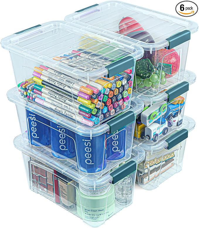 Storage Bins with Lids 6 Pack Clear Storage Containers, 7 Quart Stackable Plastic Containers with Secure Buckle Latch, Durable Storage Box Organizer for Pantry, Closet, Office & Classroom, Blue by EasyCozyHomey