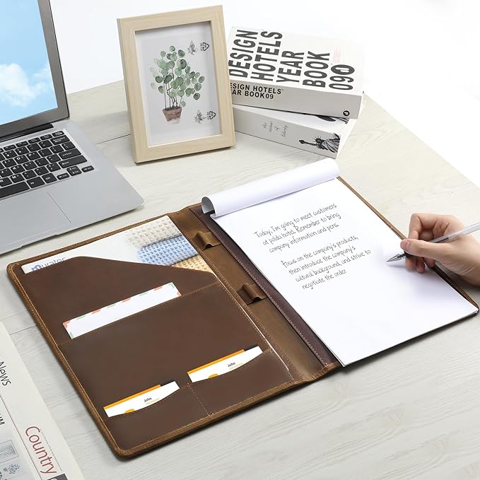 Leather Portfolio Organizer for Men Women, Leather Padfolio Business Resume Legal Pad Portfolio Notebook Binder for A4/Pad, Leather Folio Leather Folder, Brown - Image 5