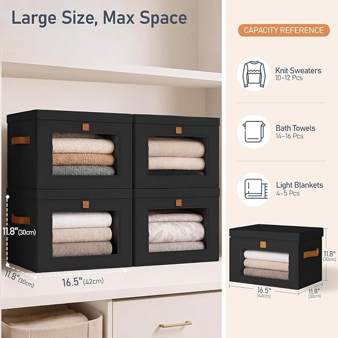 DIMJ Storage Bins with Lids - 6 Pack Front Opening Stackable Fabric Storage Boxes with Clear Window & Handles, Collapsible Closet Organizers for Clothes, Sweaters, Shelf Storage, Bedroom, Black - Image 6
