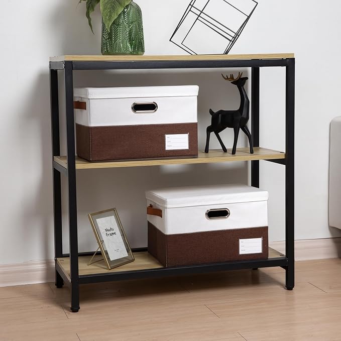 Foldable Storage Bins with Lids [3-Pack] Fabric Collapsible Storage Boxes Baskets Cubes Containers with Handles for Closet Living Room Bedroom (Brown & White 14.9x9.8x9.8'') - Image 3