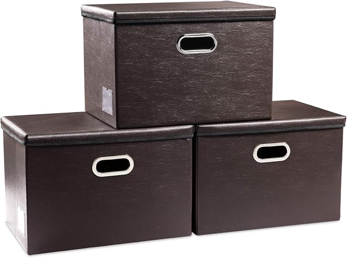 Large Foldable Storage Bins with Lids [3-Pack] Leather Fabric Collapsible Storage Boxes Organizer Containers Baskets Cube with Cover for Home Bedroom Closet Office Brown(17.7x11.8x11.8) by Prandom