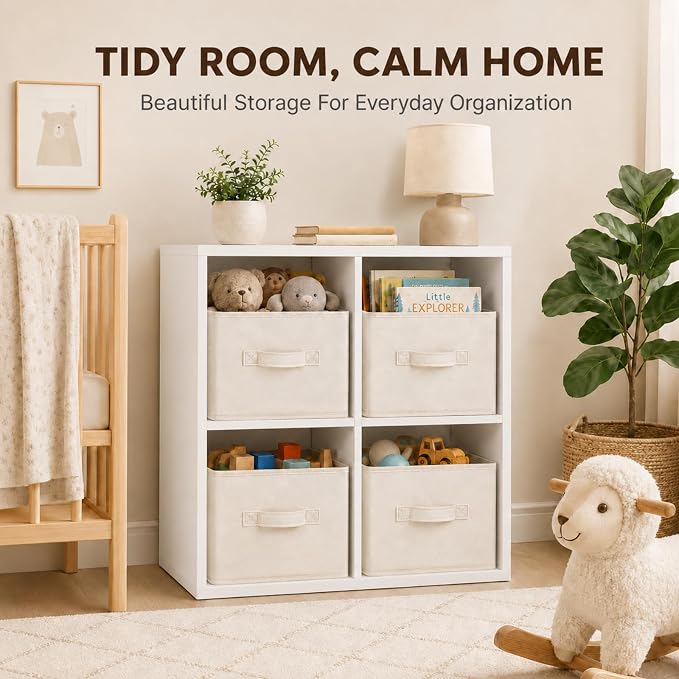 Yinder 4 Pcs Cube Storage Bin, Beige 14''x10''x8'' Storage Cubes | Kids Classroom Playroom Decor, Beige Bins, Foldable Baskets for Nursery Organizer Boxes Fabric Boxes - Image 6