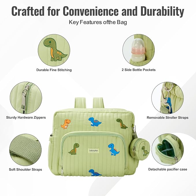 Diaper Bag Backpack with Changing Pad - Travel Baby Bag, Insulated Bottle Pockets, Stroller Straps (Medium - Green Dinosaurs) - Image 3