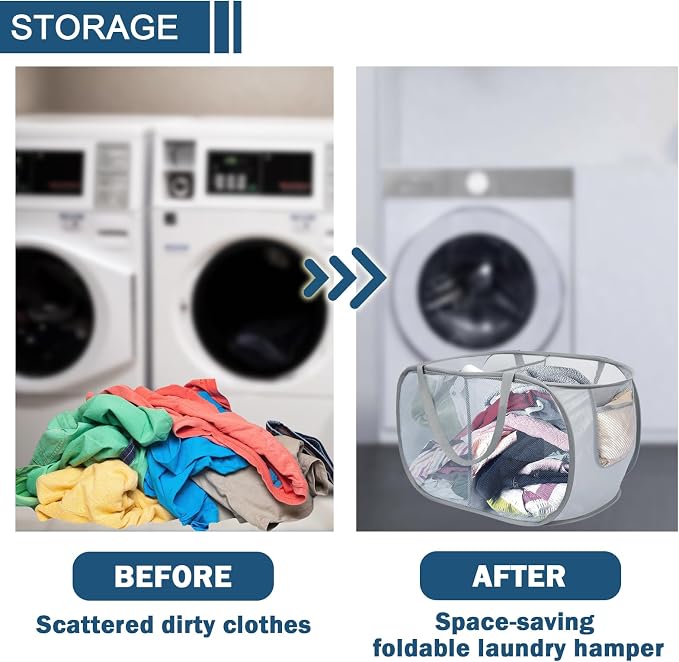 6 Pack Collapsible Laundry Baskets, 2 Compartment Pop Up Hamper, 6 Colors | Easy carry handles and foldable mesh design make these hampers suitable for dorms, laundry rooms, travel, and toy storage. - Image 6