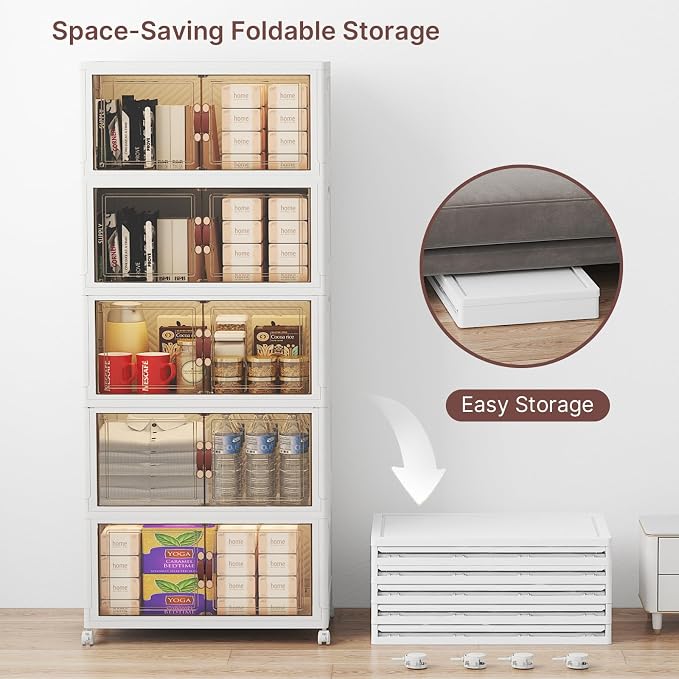 Stackable Storage Bins with Lids, 240QT Lockable Storage Cabinet | Closet Organizers, Foldable Storage Box with Doors and Wheels, Plastic Drawers for Home, Garage, Office (5, White, Medium) - Image 2