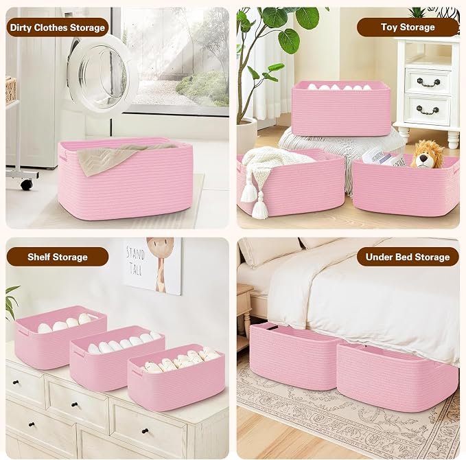 2 Pack Large Storage Basket for Organizing, 17.5"x13"x7" Woven Basket for Shelves, Closet Cube Storage Bins with Wrapped Handle, Cotton Rope Baskets for Kitchen, Clothes, Toys(Light Pink) - Image 4