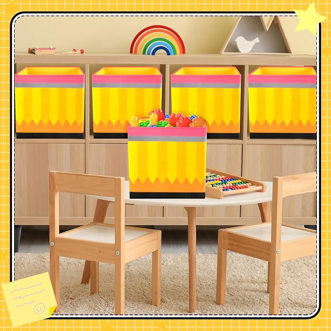 Demonwer 6 Pcs 11 Inch Fabric Storage Bins Pencil Themed Cubby Basket Bins with Handles Yellow Pencil Storage Containers for Back to School Decorations Office Home Organizer Supplies - Image 5