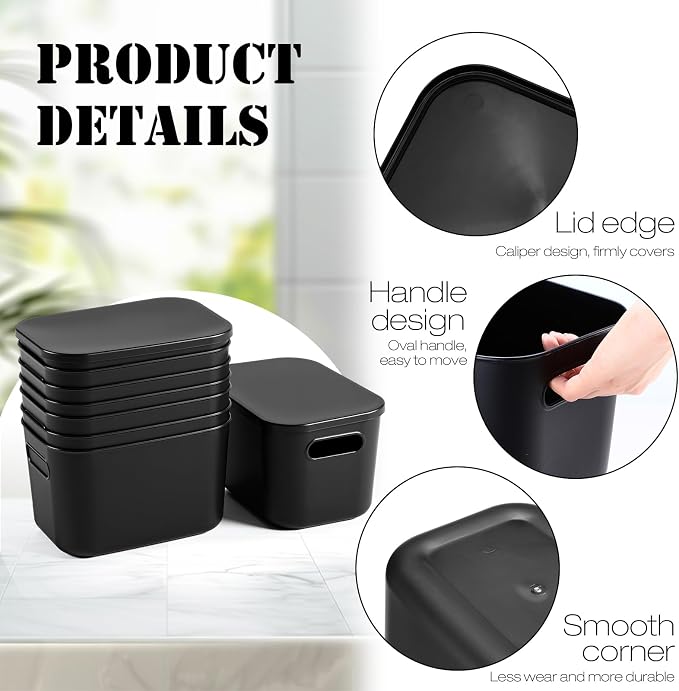 8 Pack Storage Bins, 9.8 X 7.1 X 6.3 Inch Black | Plastic Stackable Containers with Lid Handle, For Shelves Desktop Playroom Office, Organizing Toys Books Supplies Storage - Image 3