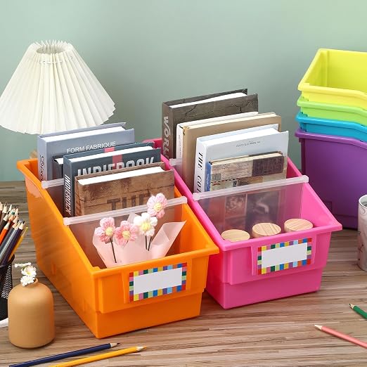6 Pack Picture Book Bins with Dividers Plastic Book Holders with Labels Stackable Classroom Organization Bins Magazine File Binder Holder Storage Container for Library Home Office(Fluorescent Color) - Image 4
