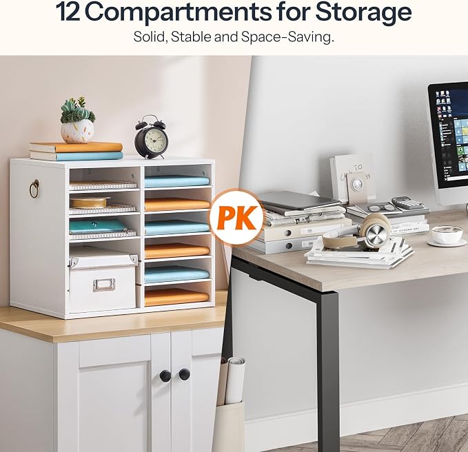 HOOBRO Literature Organizers, 12 Compartments Office Mailbox with Adjustable Shelves, Wood Countertop Literature Sorter for Office, Home, Classroom, Mailrooms Organization White WT12WF01 - Image 4
