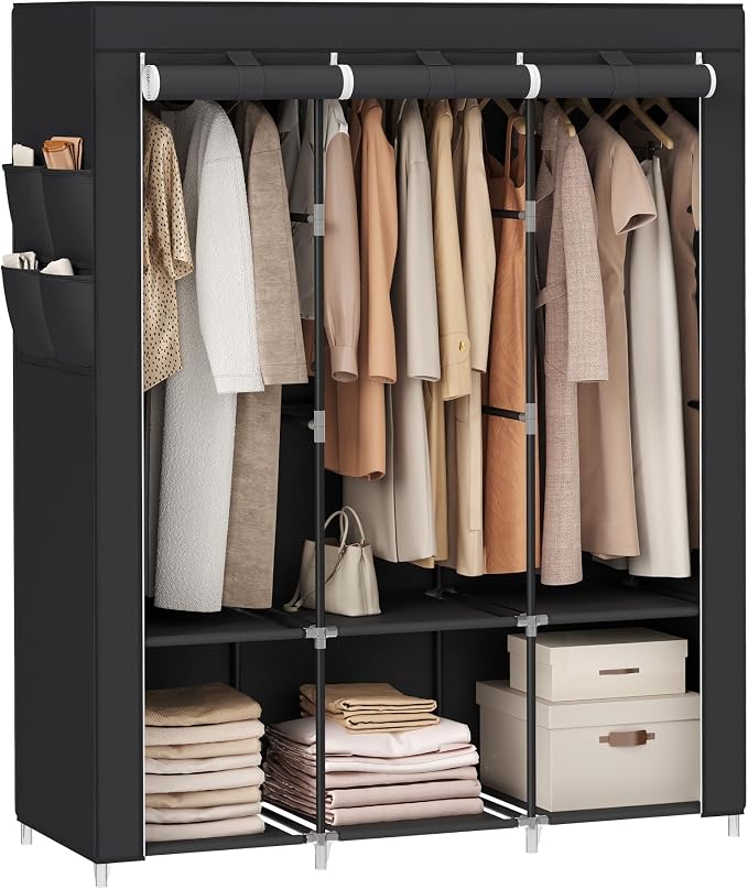 SONGMICS Portable Closet with Cover, 3 Hanging Rods and Shelves | Wardrobe Closet Organizer, 4 Side Pockets, 17.7 x 51.2 x 65.7 Inches, Ink Black, RYLAN Collection URYG092B02 by Unknown