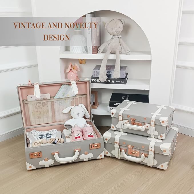 Unitravel Baby Keepsake Case, 13" Handmade Memory Storage Box, Newborn Keepsake Box, Vintage Suitcase for Baby Shower, Baptism, Naming Ceremony or Birthday (grey) - Image 5