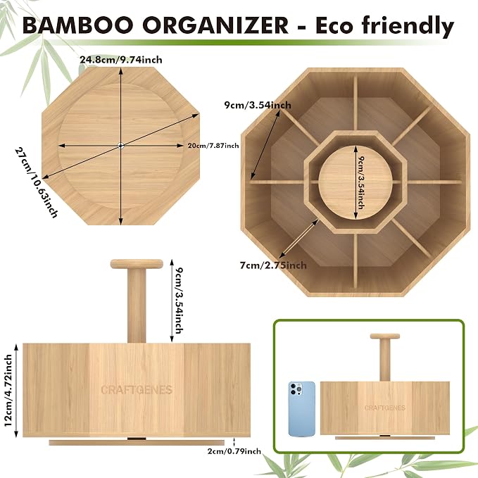CraftGenes Bamboo Rotating Pen Organizer for Desk with 10 Compartments | Desk organizer, smooth spin, marker organizer, pencil holder, art supply organizer, carry handle, classroom, craft room - Image 4