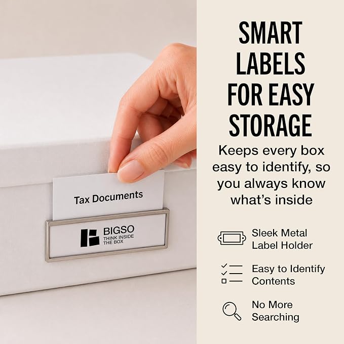 Bigso Oskar Fiberboard Label Frame Document Letter Box - File Organizer Box for Important Paperwork - Document Storage with a Lid & Metal Label Window - 3.3 in x 10.2 in x 13.8 in - 3 Pack - White - Image 5