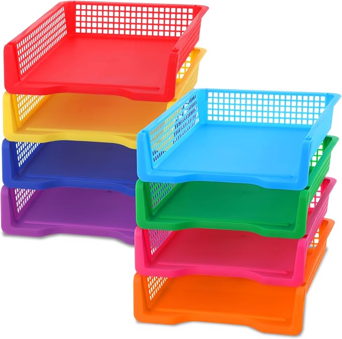 8 Pack Colorful Plastic Turn in Paper Trays for Classroom Storage Bin Basket Organizers for School Teacher Supplies Classroom Office Home Organization Storage Tray Holds 4A Paper File Document by gisgfim