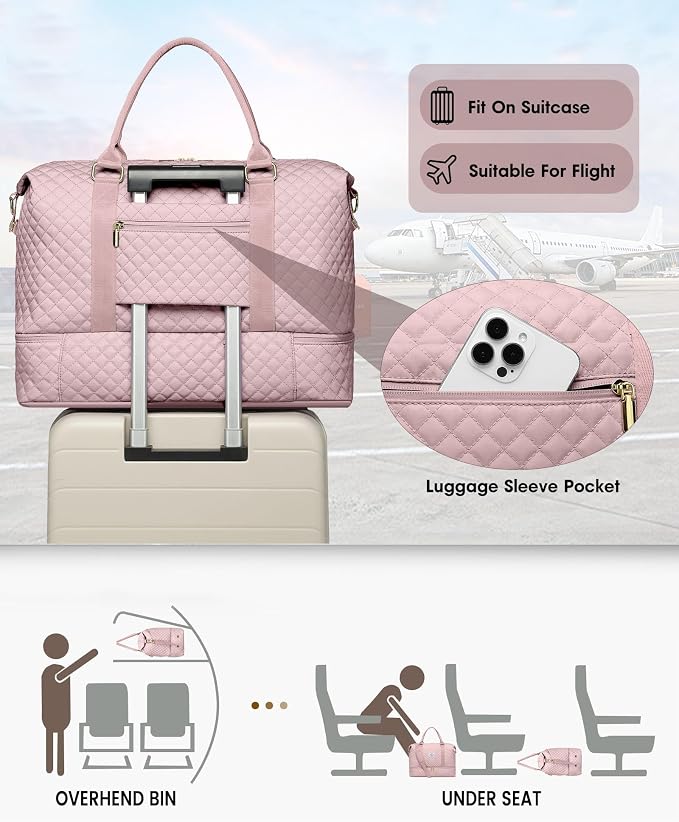 Weekender Duffle Bags for Women - Travel Duffel with Shoe Compartment, Carry On Overnight Bag, Gym Tote with Wet Pocket, Pink - Image 5