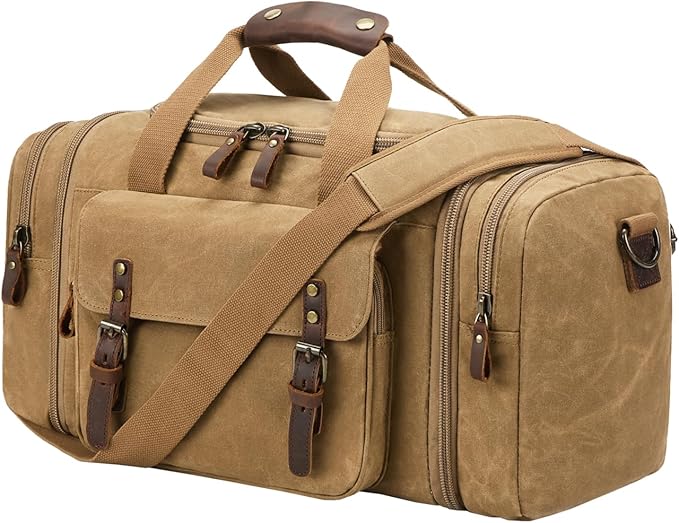 Waxed Canvas Duffel Bag 50L, Khaki | Waterproof, Travel, Overnight, Weekender by NEHOR