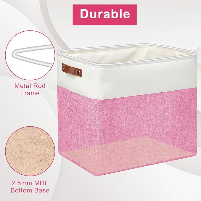 Large Fabric Storage Baskets | 50L Storage Bins, Decorative Linen Closet Baskets with Handles for Organizing, Shelf, Toys, Clothes, Home, Office, Nursery, 17x12x15Inches (Pink&White) - Image 4
