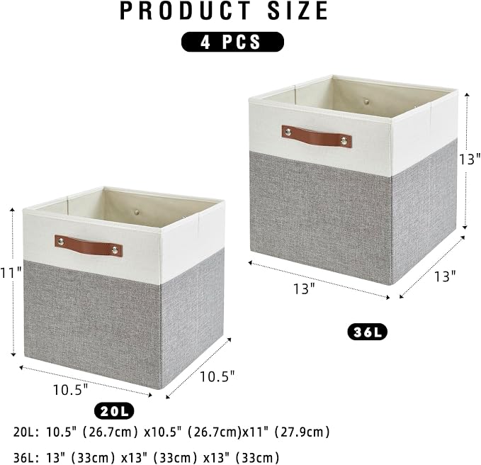 Collapsible Fabric Storage Cube Bins with 2 Reinforced PU Handles, Foldable Storage Organizer Baskets for Closet, Shelves, Living Room | 13"x13"x13", 4 Pack, Gray & White - Image 2