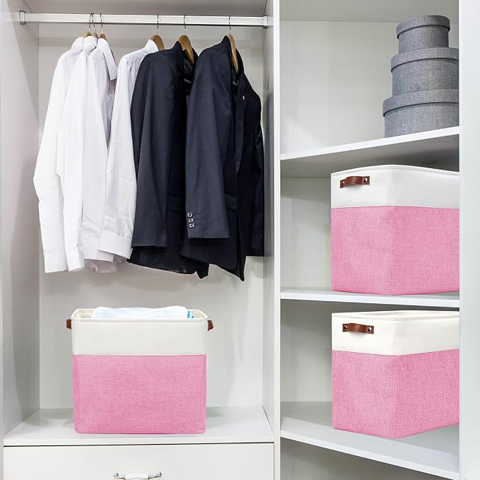Large Fabric Storage Baskets | 50L Storage Bins, Decorative Linen Closet Baskets with Handles for Organizing, Shelf, Toys, Clothes, Home, Office, Nursery, 17x12x15Inches (Pink&White) - Image 2