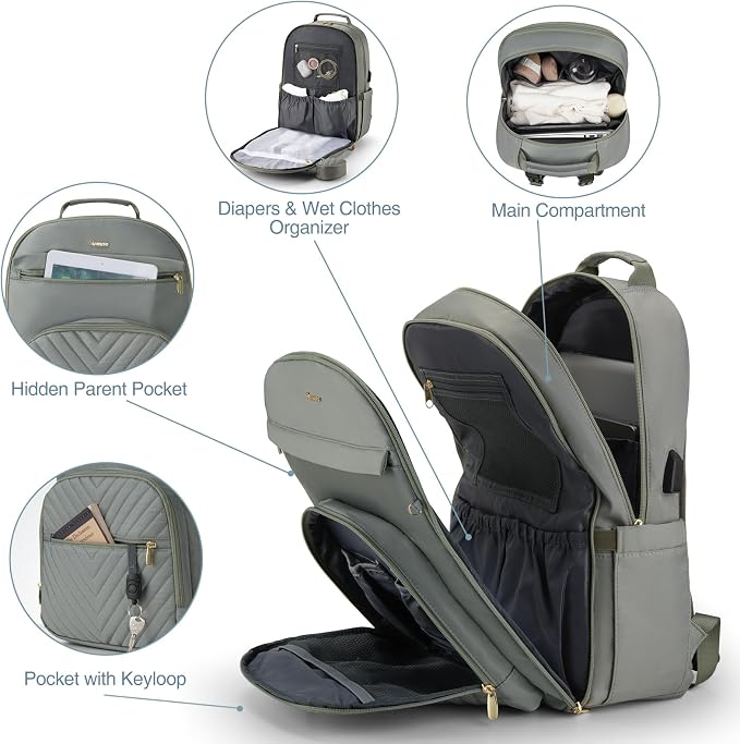 Diaper Bag Backpack, Quilted Baby Bag with Changing Pad & Stroller Straps & Pacifier Case, Multifunction Waterproof Travel Diaper Bags, Unisex, Olive Green - Image 5