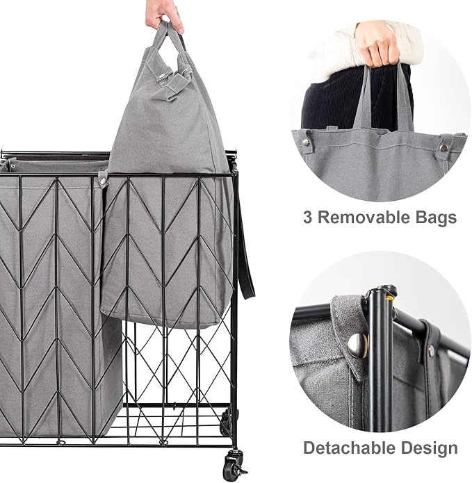 WOWLIVE Laundry Hamper 3 Section with Lid, 142L Laundry Basket with Wheels | Rolling Dirty Clothes Hamper with Removable Bags, Large Iron-Made Laundry Basket Organizer Laundry Sorter for Dorm, Grey - Image 5