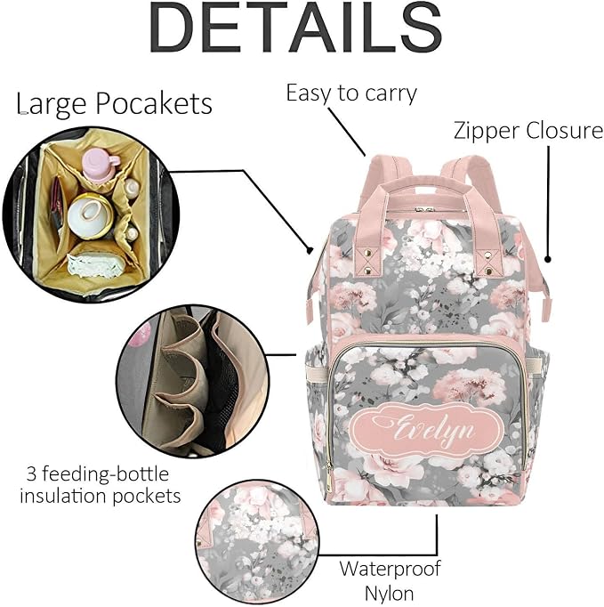 Personalized Floral Pink Diaper Bag Backpack with Name – Waterproof Custom Baby Nappy Bag with Large Capacity & Multi Pockets – Shower Gift for Baby for New Parents - Image 5