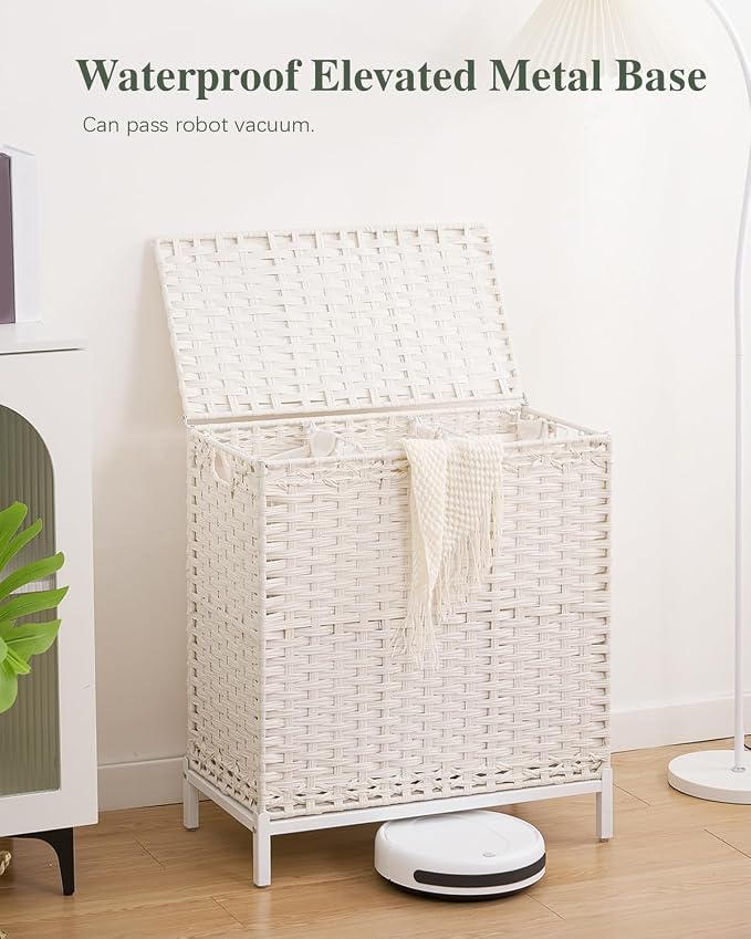 SETVSON Laundry Hamper with Lid, Large 132L Rattan Basket, White | 3-Section Large 35 Gal Clothes Hamper, 3 Removable Bags, Heightened Metal Feet, 6 Mesh Laundry Bags, Steel Frame - Image 2