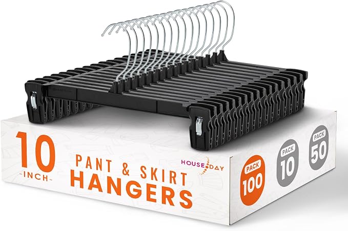 HOUSE DAY Black Pants Hangers with Clips 100 Pack, 10 Inch Skirt Hangers | Non-slip clips hold folded pants, skirts and kids' clothes; 360° swivel hook and compact design fit dorms and small closets by HOUSEDAY