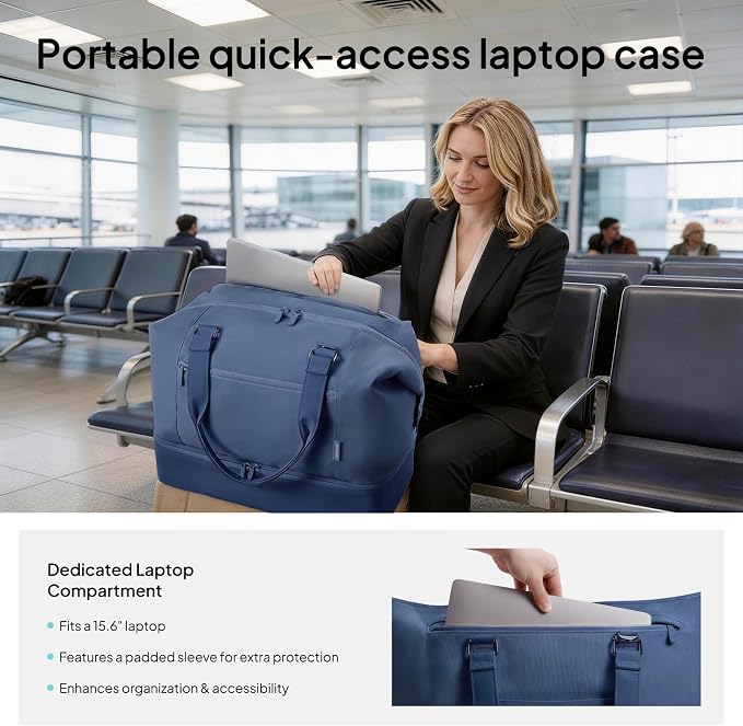 Travel Duffle Bag for Women, 40L Weekender Bags Airline Approved Carry On with Shoe Compartment & Waterproof Wet Pocket, Durable Nylon Weekender Overnight Bag for Travel, Gym, Business Trip, Blue - Image 2