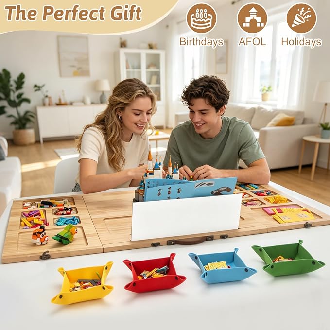 Tri-fold Building Tray for Lego with 4 Bricks Sorting Trays, Large Wooden Building Baseplate Table for Adults & Teens, Portable Folding Activity Station for Construction & Storage - Image 2