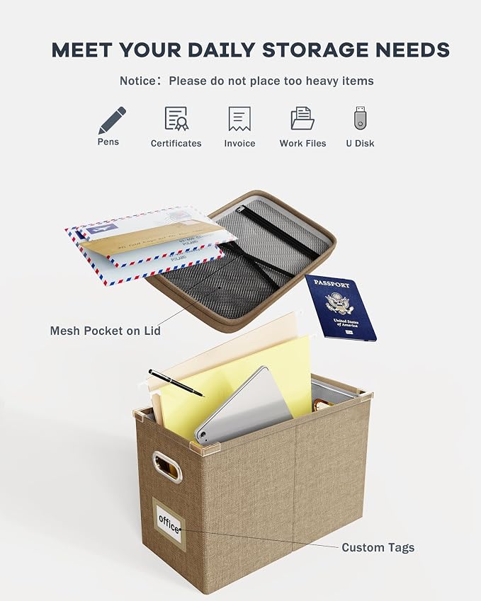 File Organizer Box with Lid, Hanging Filing File Box with Mesh Pocket, Document Organizer Box for Letter Files, Portable Storage Box with Smooth Sliding Rail for Office&Home(1 PCS, Khaki) - Image 4