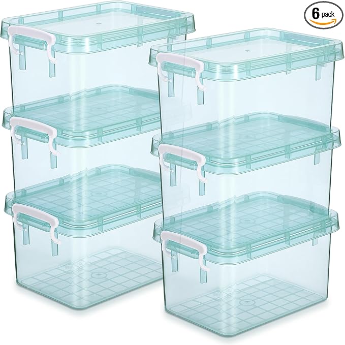 6 Pack Colorful Plastic Storage Bins with Lids 4 Quart Small Storage Latch Box Stackable and Nestable Clear Organizer Bins with Latching Handle and Buckle for Organizing(Cyan) by Wenqik