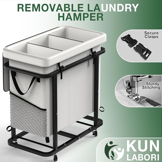 Laundry Basket with Lid, 230L Rolling Laundry Hamper with Wheels,White | Dirty Clothes Hamper with Metal Frame and Removable Bag Design, Suitable for Laundry Room, Bedroom(3 Section) - Image 5