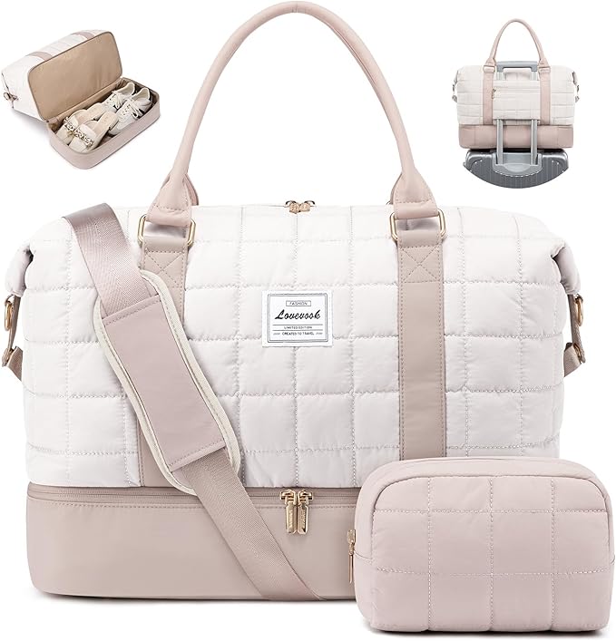 LOVEVOOK Travel Duffel Bag - Versatile Weekender Bag for Women, Puffer Carry On & Overnight Bag for Short Trips, White/Nude by LOVEVOOK