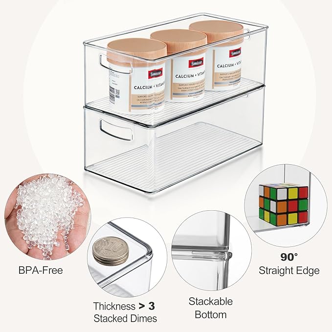 Hudgan 8 Pack Freezer Organizer Bins,Stackable,Clear Bins for Fridge,Pantry | Straight Side, 3 Sizes, 2 XL Storage Container, 3 Large Cabinet Organizer, 3 Medium Storage Drawer - Image 5